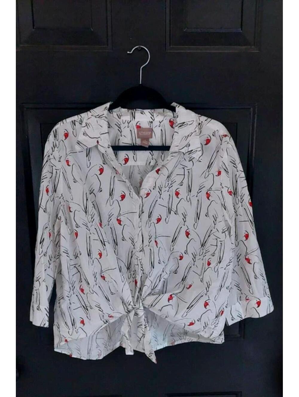 Chico's Top Amazon Parrots Tie Front Popover Artsy Statement